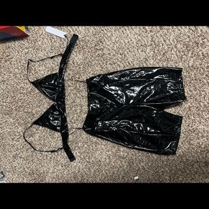 Patent leather black high waisted shorts and bra set